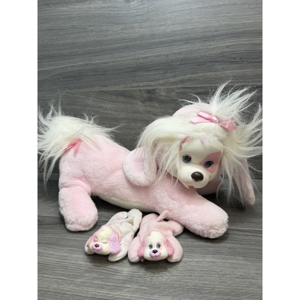 Vintage 1991 Hasbro Puppy Surprise Plush Dog Mother Pink White 2 Puppies